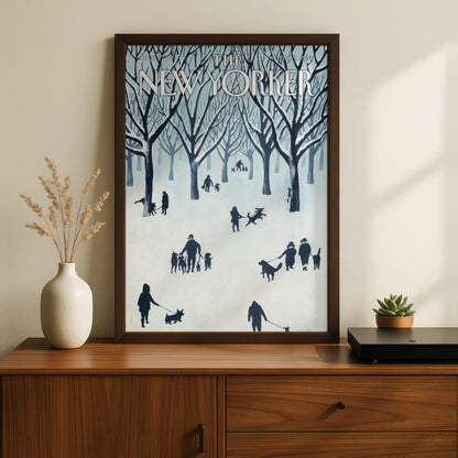 The New Yorker Poster, Winter Central Park Dogs Wall Art, NYC Snow Scene Print