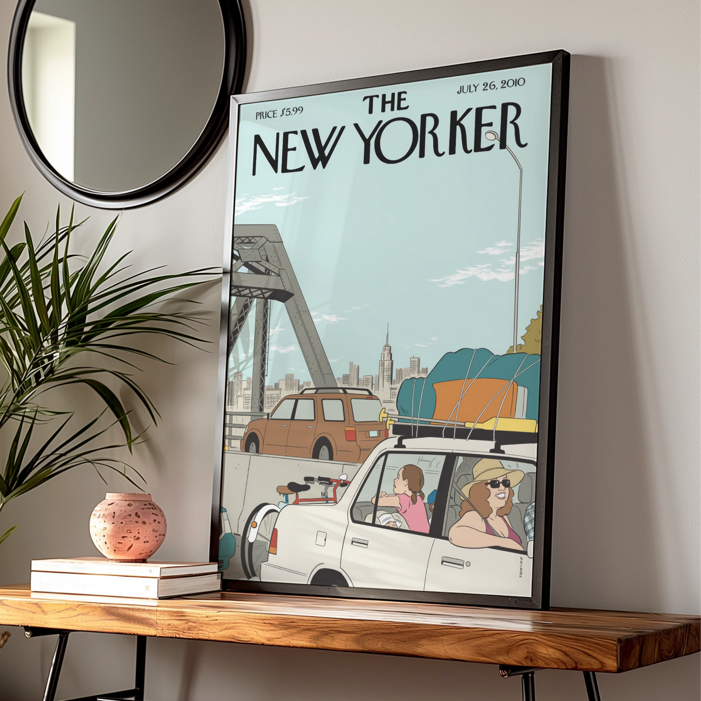 The New Yorker Cover Poster, Summer Road Trip Traffic Art, NYC Bridge Wall Art Print