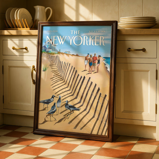 The New Yorker Beach Cover Poster, Summer Sandpiper Art Print, Coastal Wall Art