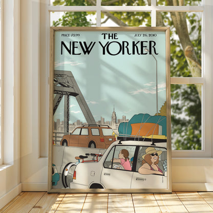 The New Yorker Cover Poster, Summer Road Trip Traffic Art, NYC Bridge Wall Art Print