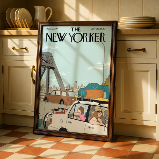 The New Yorker Cover Poster, Summer Road Trip Traffic Art, NYC Bridge Wall Art Print