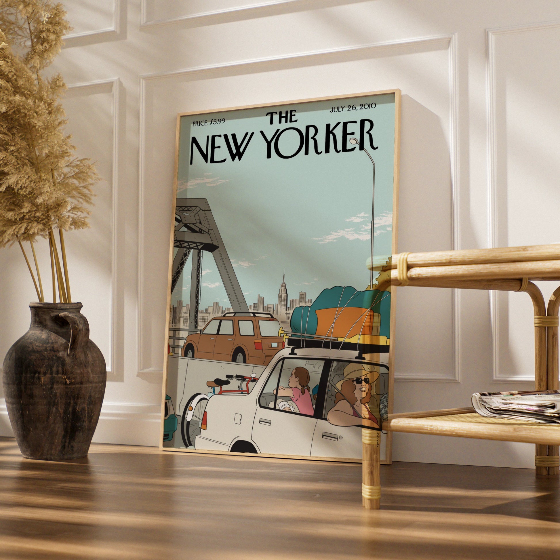 The New Yorker Cover Poster, Summer Road Trip Traffic Art, NYC Bridge Wall Art Print