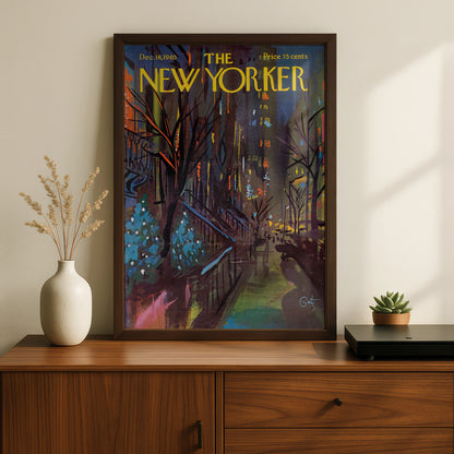 The New Yorker 1965 Winter City Street Art Poster, Vintage NYC Night Scene Print