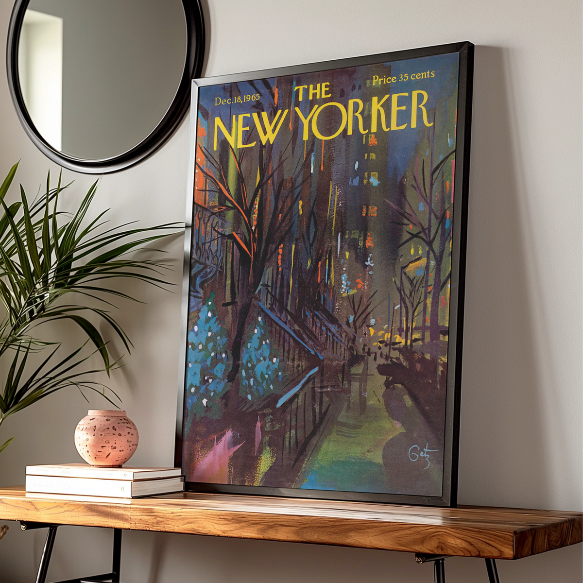 The New Yorker 1965 Winter City Street Art Poster, Vintage NYC Night Scene Print