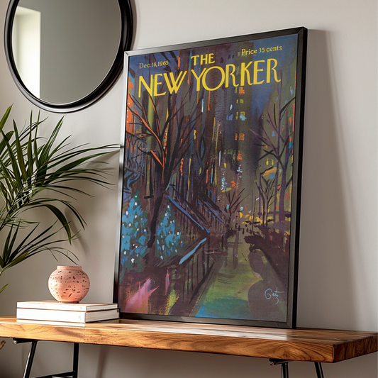 The New Yorker 1965 Winter City Street Art Poster, Vintage NYC Night Scene Print