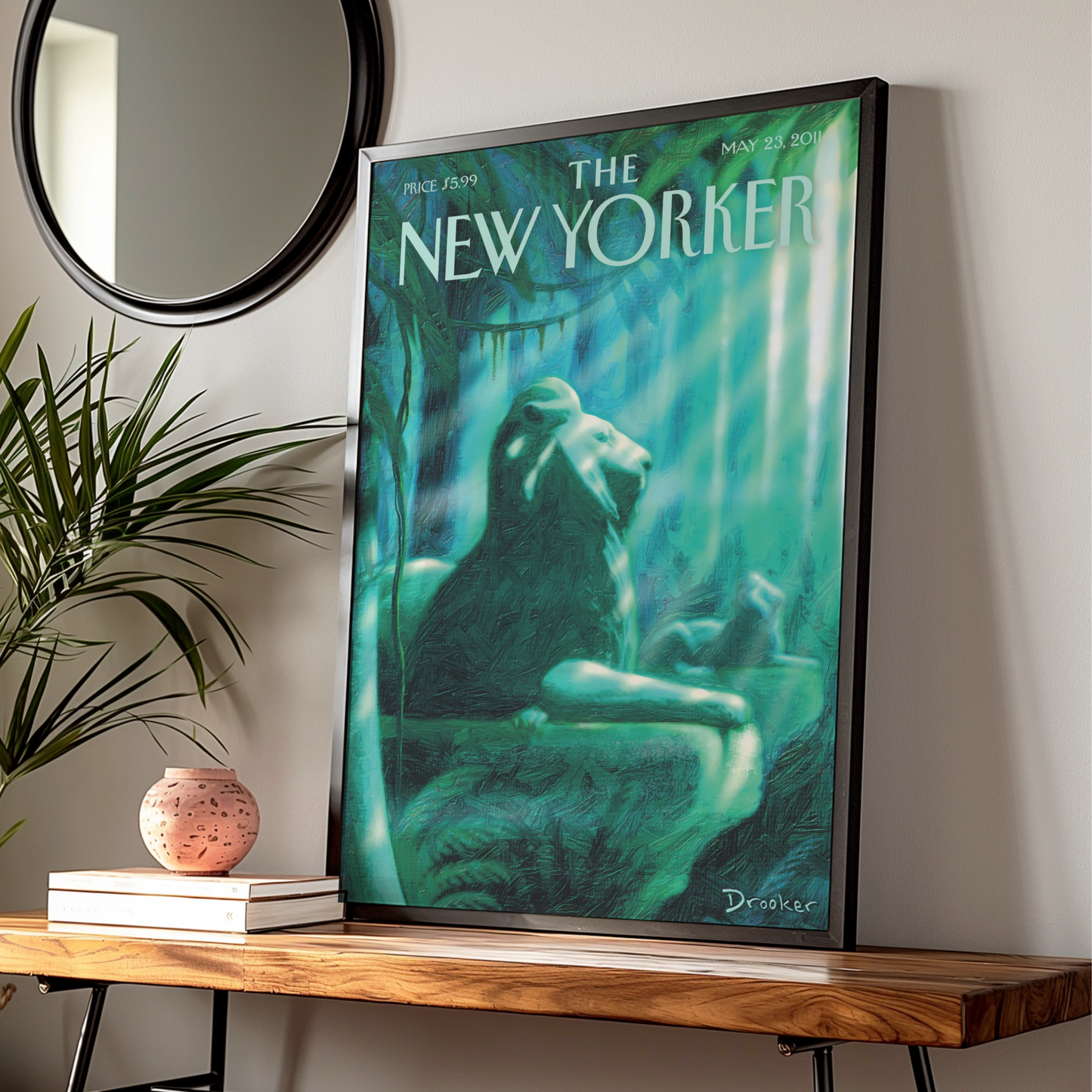 The New Yorker Lion Jungle Poster, Drooker Cover Art Print, Teal Green Wall Art