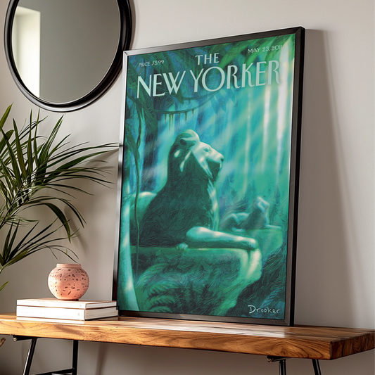 The New Yorker Lion Jungle Poster, Drooker Cover Art Print, Teal Green Wall Art