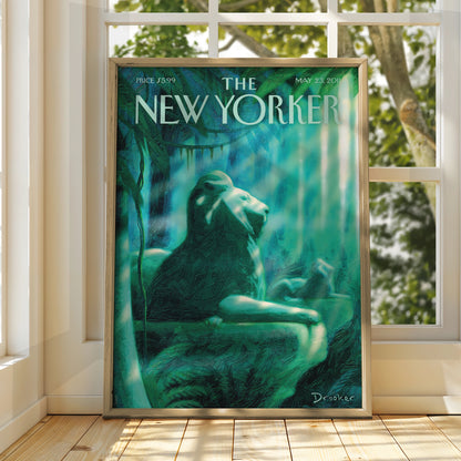 The New Yorker Lion Jungle Poster, Drooker Cover Art Print, Teal Green Wall Art