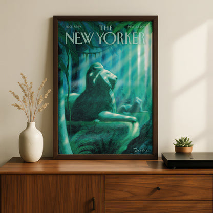 The New Yorker Lion Jungle Poster, Drooker Cover Art Print, Teal Green Wall Art