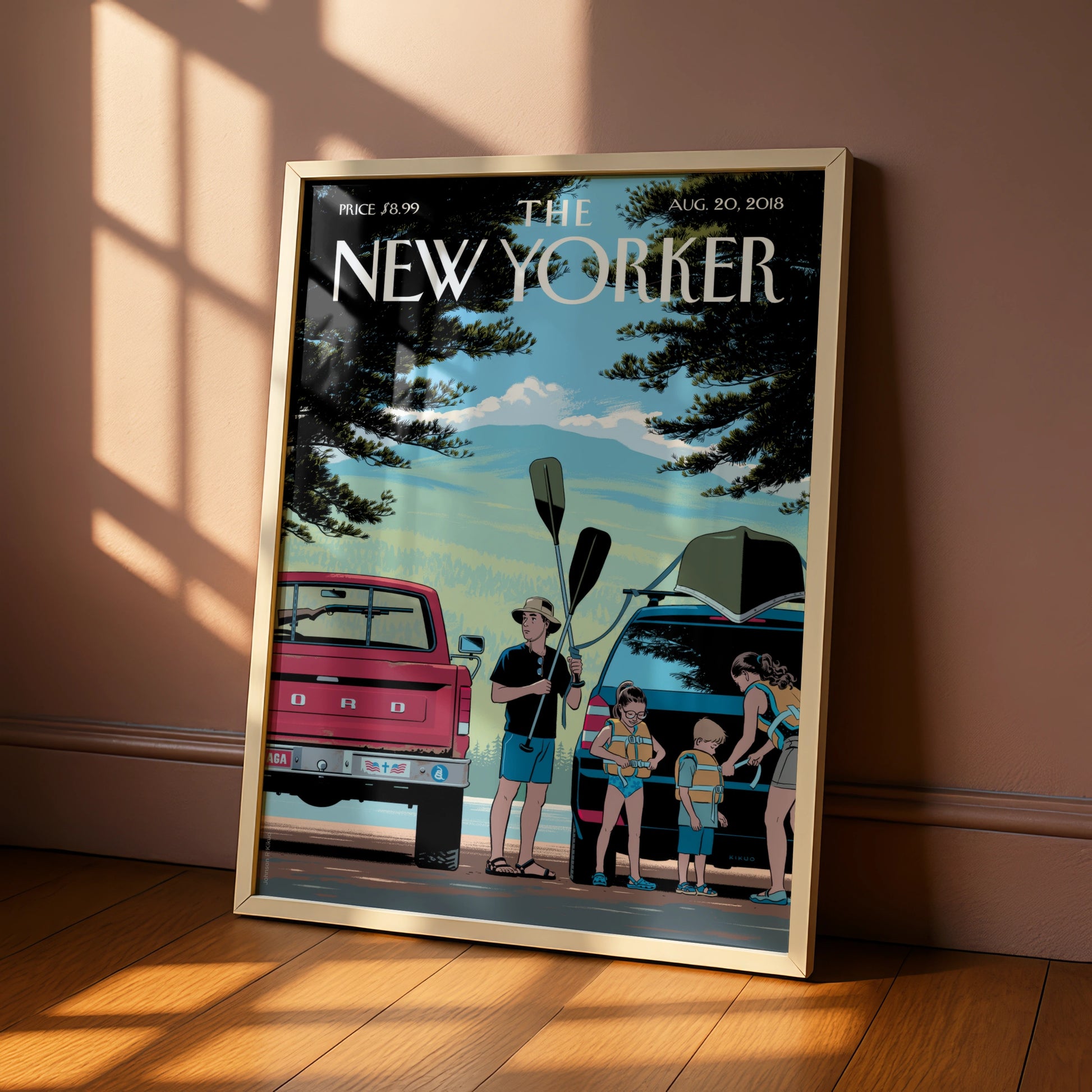The New Yorker Cover Poster, Summer Kayaking Family Art Print, August 2018 Wall Art