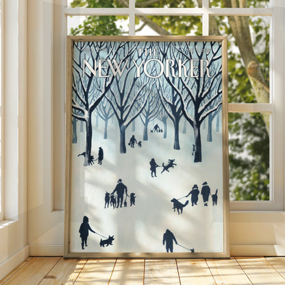 The New Yorker Poster, Winter Central Park Dogs Wall Art, NYC Snow Scene Print
