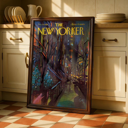 The New Yorker 1965 Winter City Street Art Poster, Vintage NYC Night Scene Print