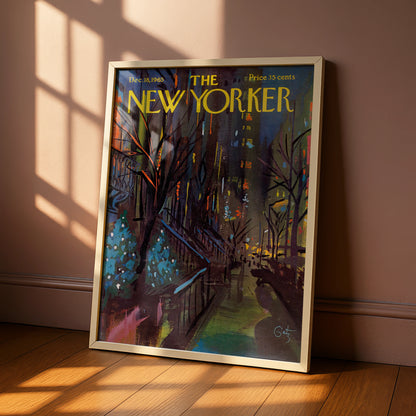 The New Yorker 1965 Winter City Street Art Poster, Vintage NYC Night Scene Print