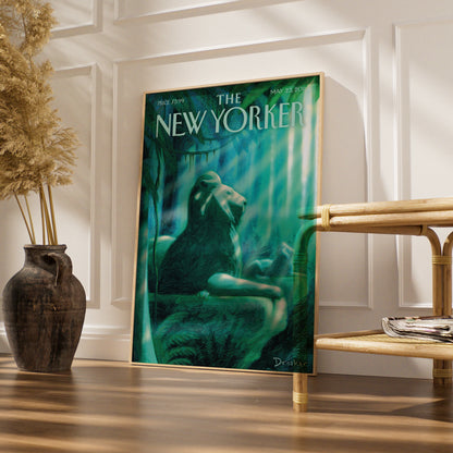 The New Yorker Lion Jungle Poster, Drooker Cover Art Print, Teal Green Wall Art
