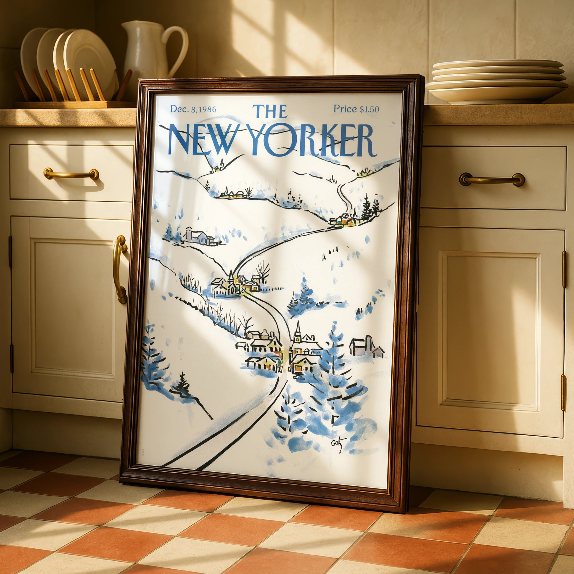 The New Yorker Winter Village Poster, Snow Scene Wall Art, Christmas Cover Print 1986