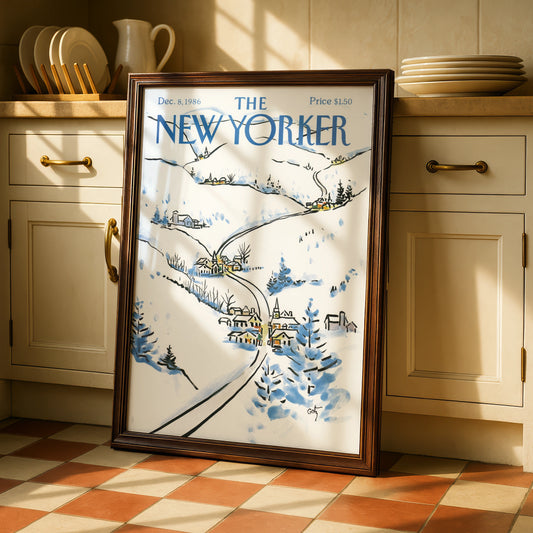 The New Yorker Winter Village Poster, Snow Scene Wall Art, Christmas Cover Print 1986