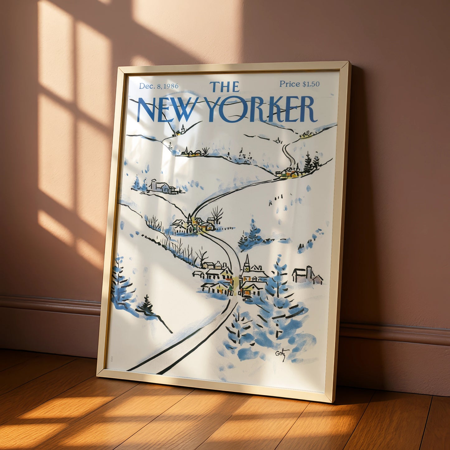 The New Yorker Winter Village Poster, Snow Scene Wall Art, Christmas Cover Print 1986