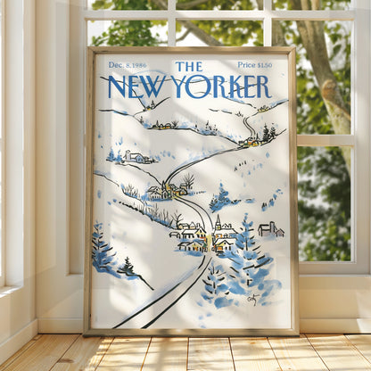 The New Yorker Winter Village Poster, Snow Scene Wall Art, Christmas Cover Print 1986