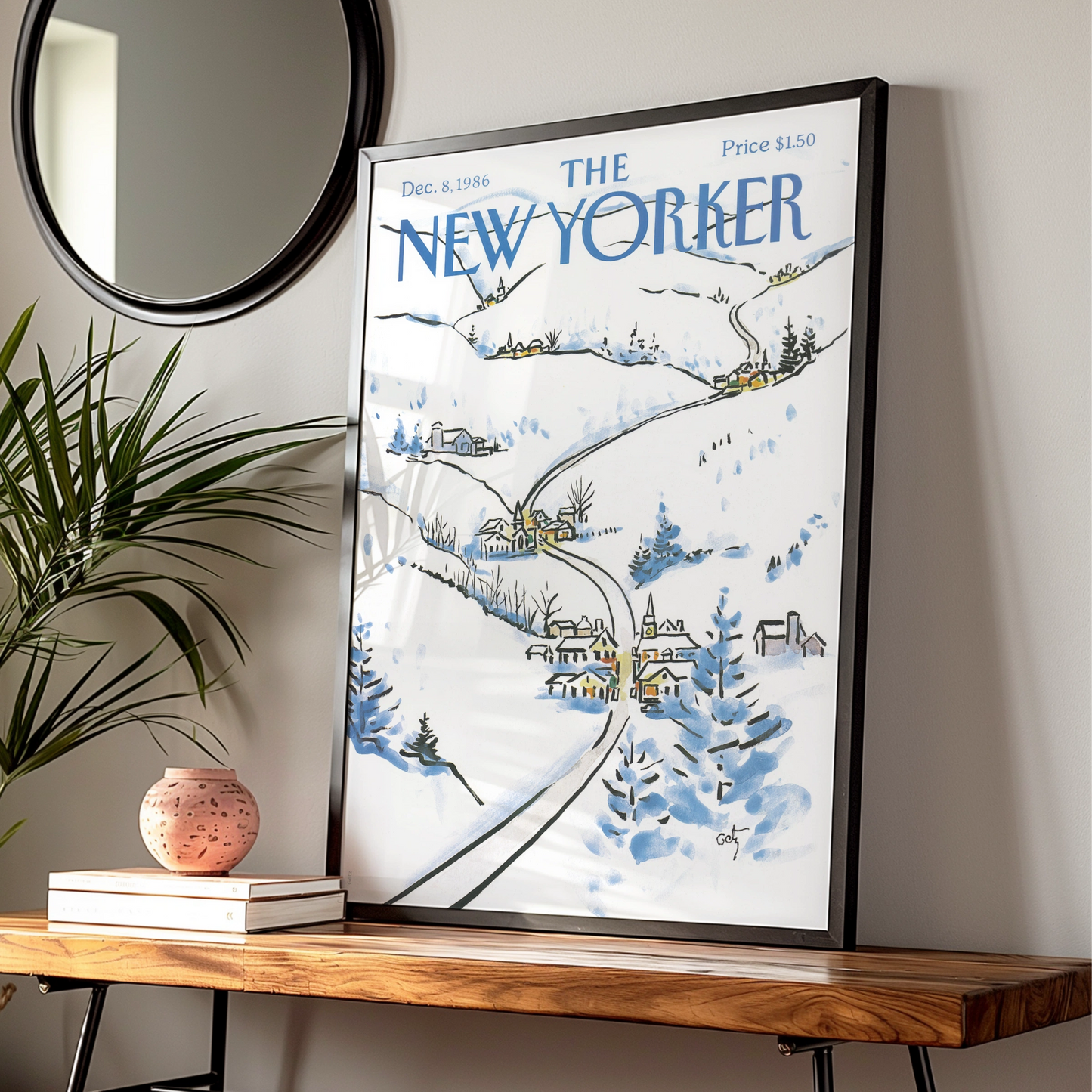 The New Yorker Winter Village Poster, Snow Scene Wall Art, Christmas Cover Print 1986