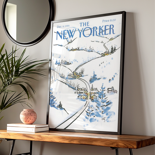 The New Yorker Winter Village Poster, Snow Scene Wall Art, Christmas Cover Print 1986