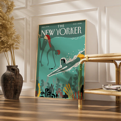 The New Yorker Poster, Underwater Swimming Art Print, Teal Ocean Wall Art