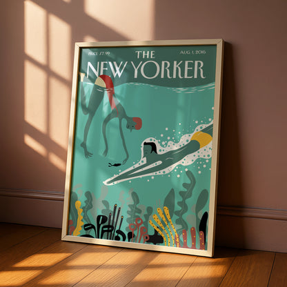 The New Yorker Poster, Underwater Swimming Art Print, Teal Ocean Wall Art
