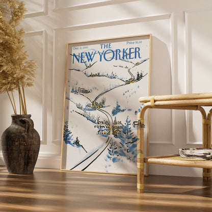 The New Yorker Winter Village Poster, Snow Scene Wall Art, Christmas Cover Print 1986