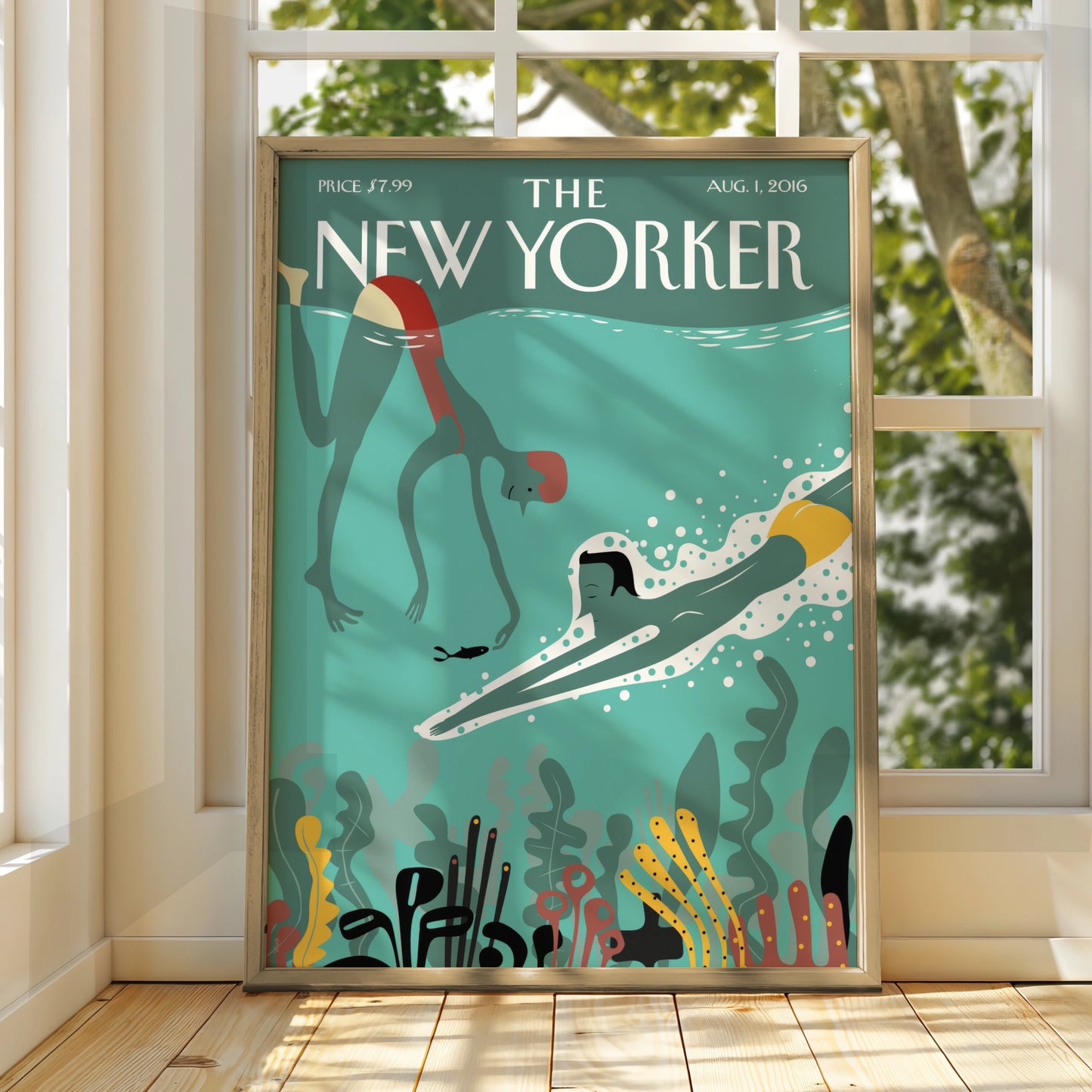 The New Yorker Poster, Underwater Swimming Art Print, Teal Ocean Wall Art