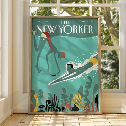 The New Yorker Poster, Underwater Swimming Art Print, Teal Ocean Wall Art