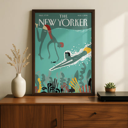 The New Yorker Poster, Underwater Swimming Art Print, Teal Ocean Wall Art