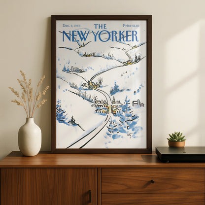 The New Yorker Winter Village Poster, Snow Scene Wall Art, Christmas Cover Print 1986