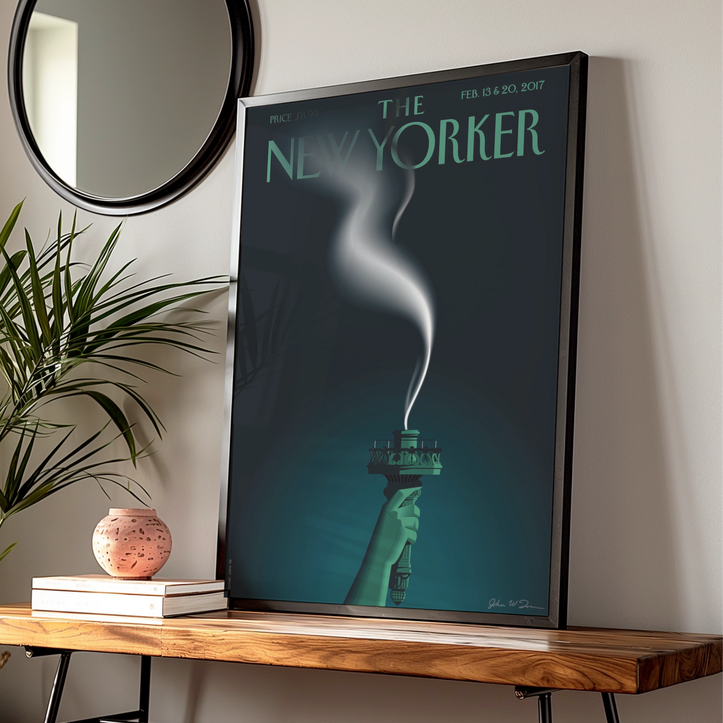 The New Yorker Poster, Statue of Liberty Torch Art Print, Dark Teal Wall Decor