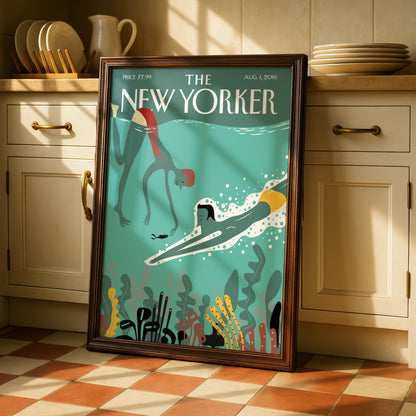 The New Yorker Poster, Underwater Swimming Art Print, Teal Ocean Wall Art