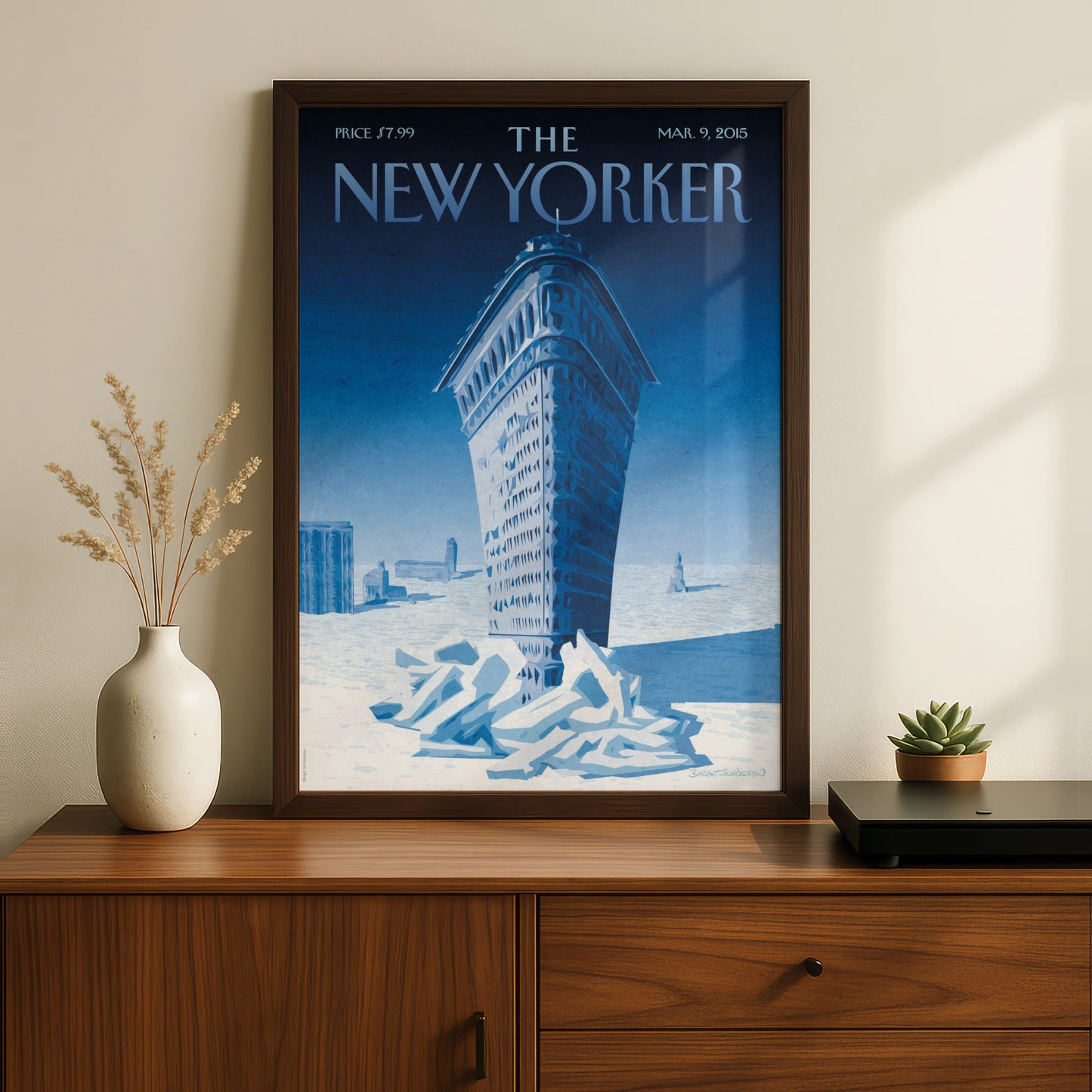 The New Yorker Poster, Flatiron Building Winter Blue NYC Wall Art Print