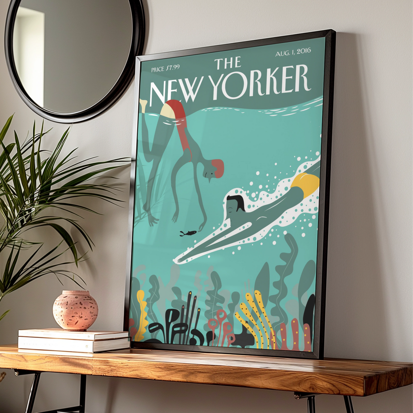 The New Yorker Poster, Underwater Swimming Art Print, Teal Ocean Wall Art