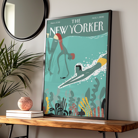 The New Yorker Poster, Underwater Swimming Art Print, Teal Ocean Wall Art
