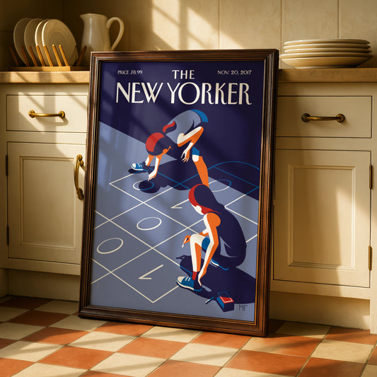 The New Yorker Poster, Children Hopscotch Art Print, Navy Blue Retro Wall Art