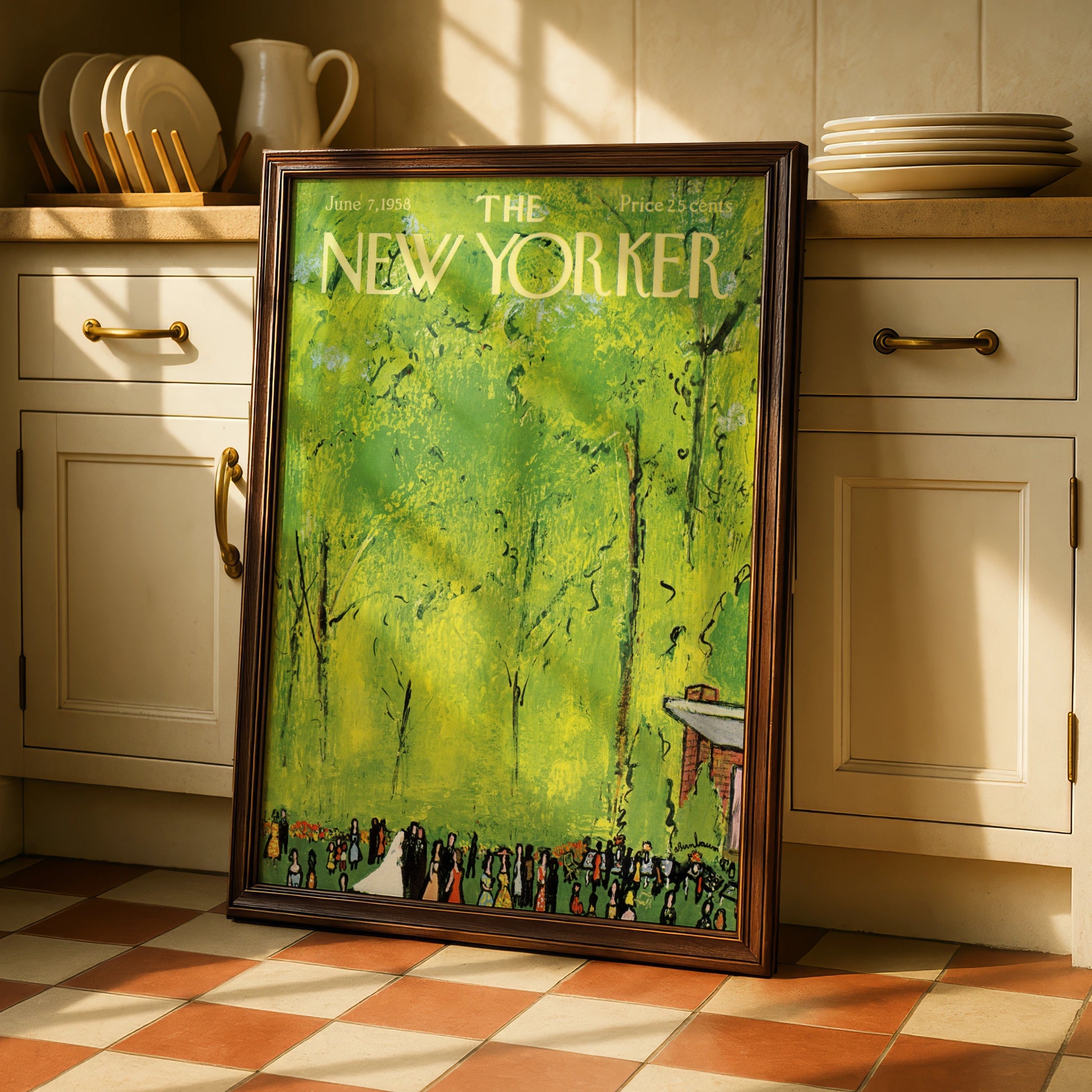 The New Yorker June 1958 Poster, Vintage Wedding Park Scene, Green Summer Wall Art
