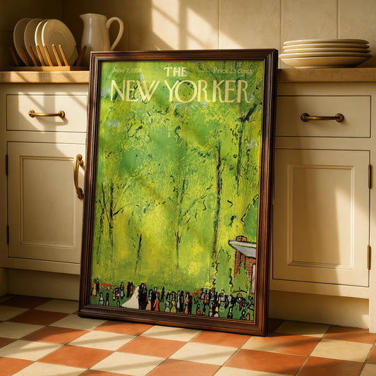 The New Yorker June 1958 Poster, Vintage Wedding Park Scene, Green Summer Wall Art