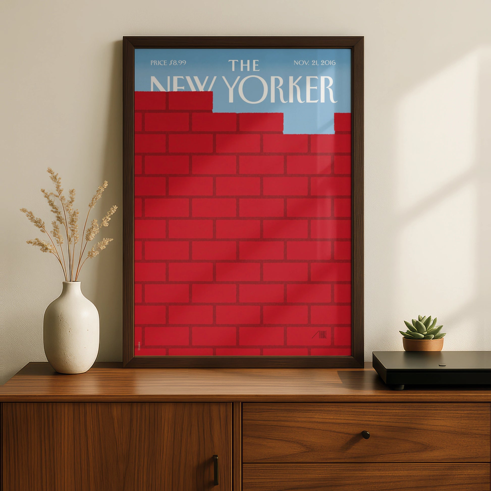 The New Yorker Poster, Red Brick Wall Cover Art Print, Bold Minimalist Decor