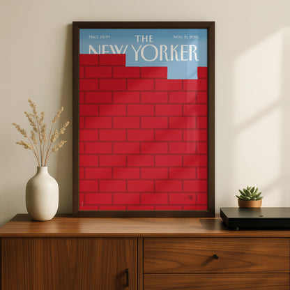 The New Yorker Poster, Red Brick Wall Cover Art Print, Bold Minimalist Decor
