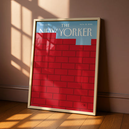 The New Yorker Poster, Red Brick Wall Cover Art Print, Bold Minimalist Decor