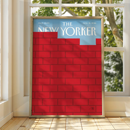 The New Yorker Poster, Red Brick Wall Cover Art Print, Bold Minimalist Decor