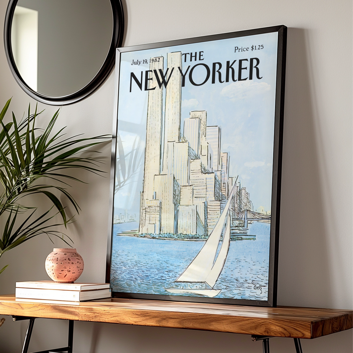 New Yorker 1982 Poster, NYC Skyline Sailboat Wall Art, Manhattan Vintage Print