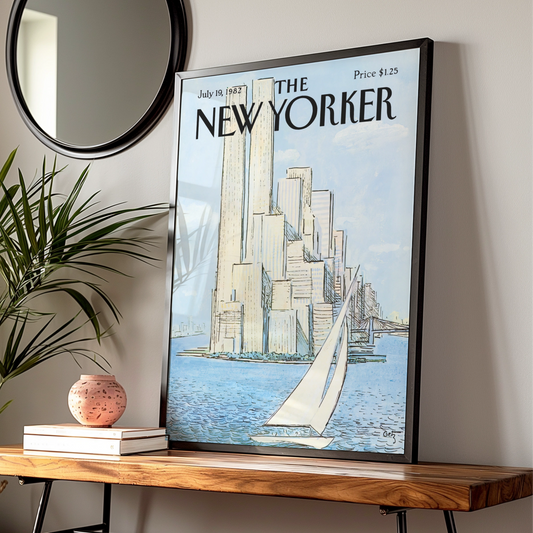 New Yorker 1982 Poster, NYC Skyline Sailboat Wall Art, Manhattan Vintage Print