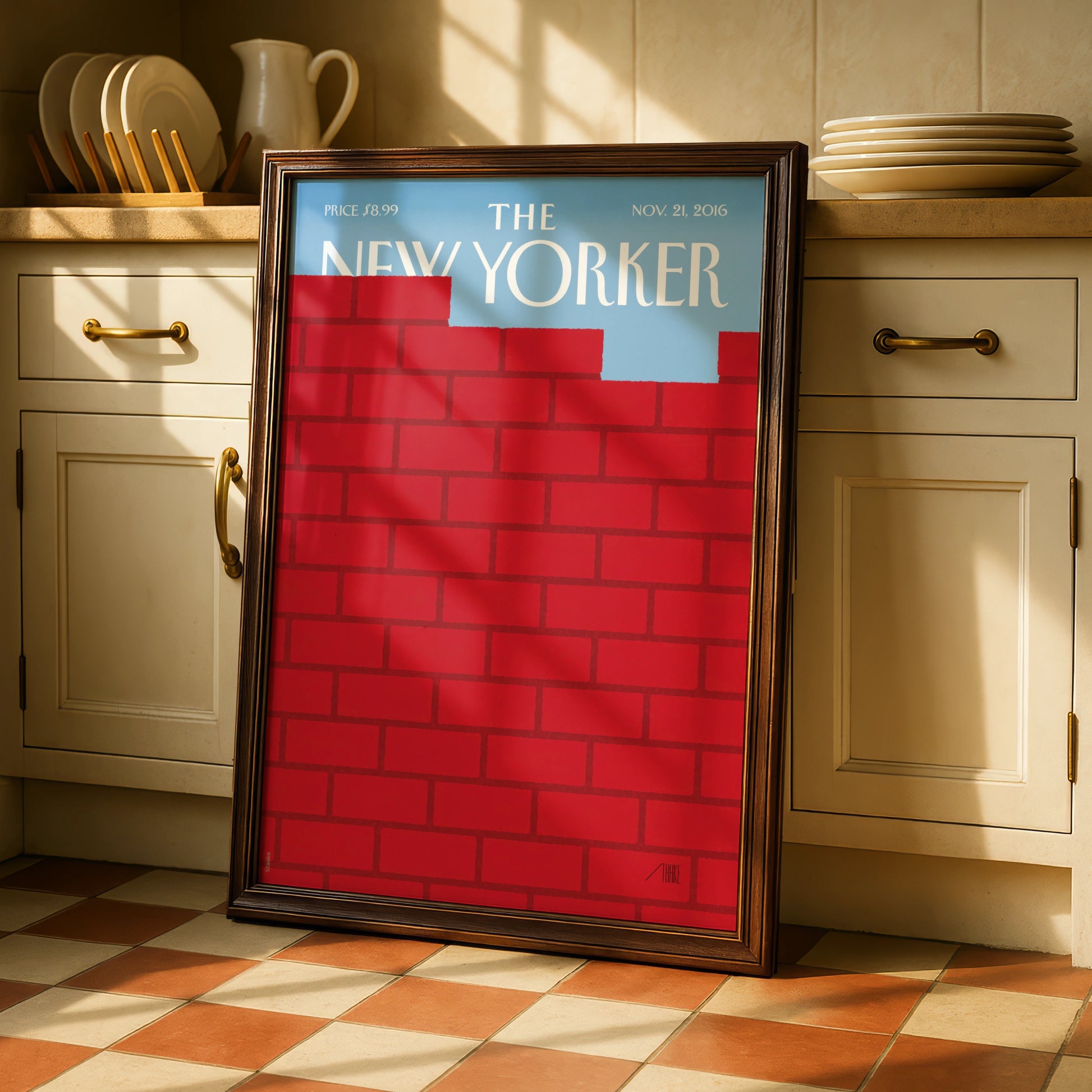 The New Yorker Poster, Red Brick Wall Cover Art Print, Bold Minimalist Decor