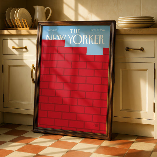The New Yorker Poster, Red Brick Wall Cover Art Print, Bold Minimalist Decor