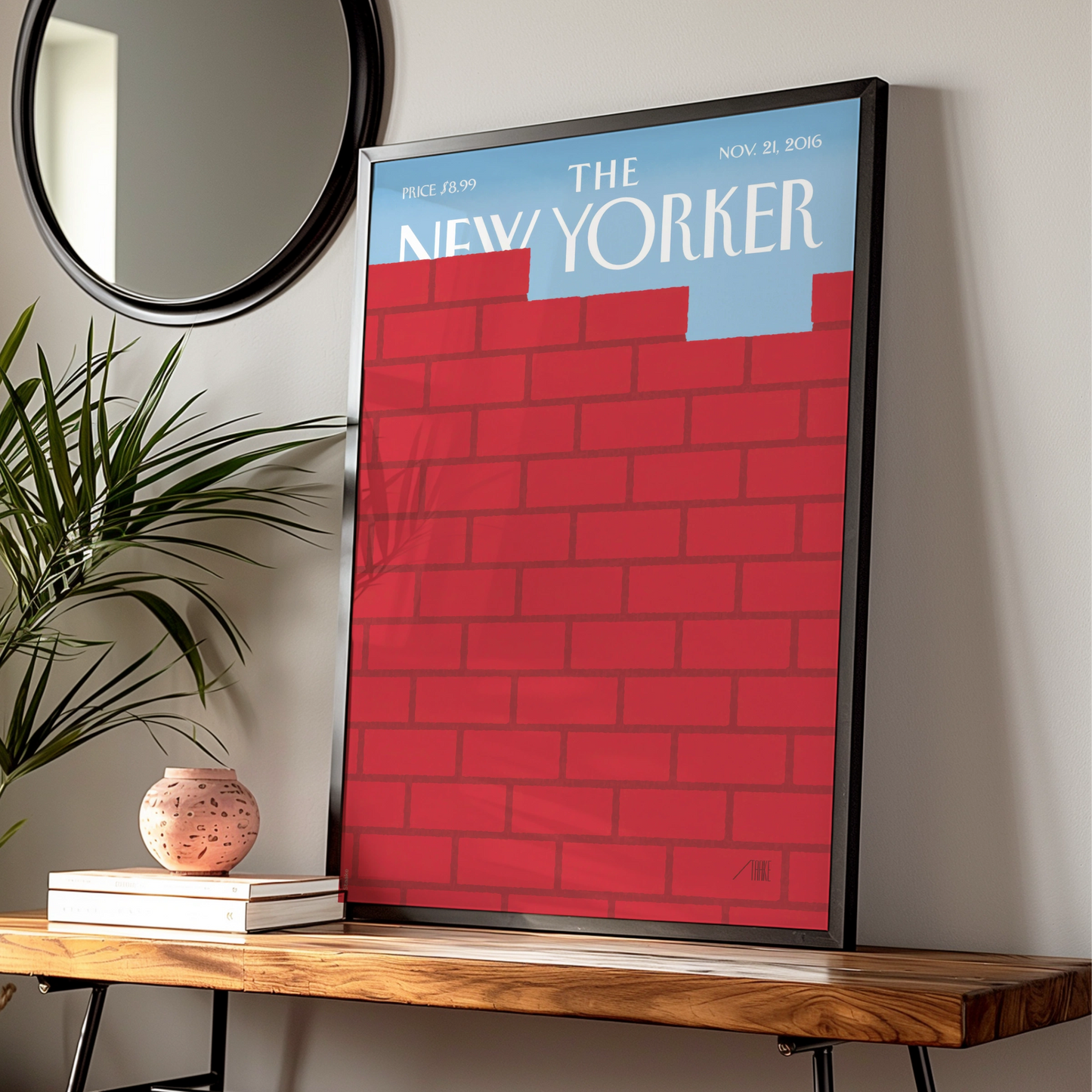 The New Yorker Poster, Red Brick Wall Cover Art Print, Bold Minimalist Decor