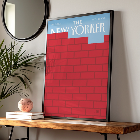 The New Yorker Poster, Red Brick Wall Cover Art Print, Bold Minimalist Decor