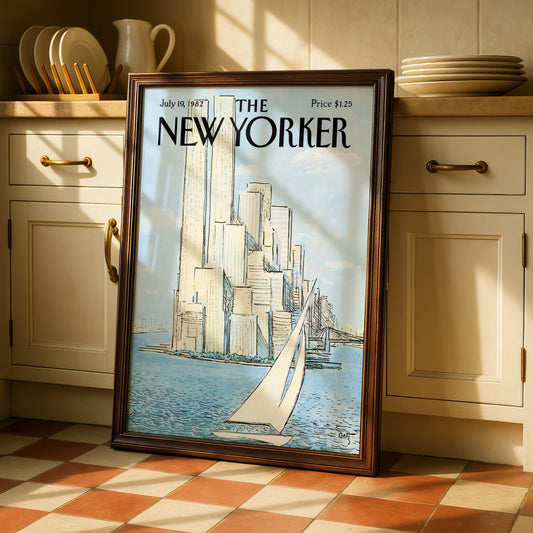 New Yorker 1982 Poster, NYC Skyline Sailboat Wall Art, Manhattan Vintage Print